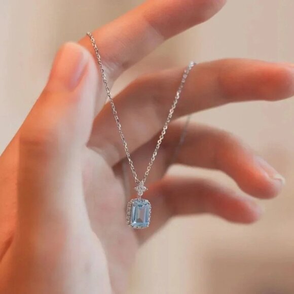 925 Sterling Silver Dainty Aquamarine Diamond Necklace Minimalist Blue Necklace - Picture 3 of 6
